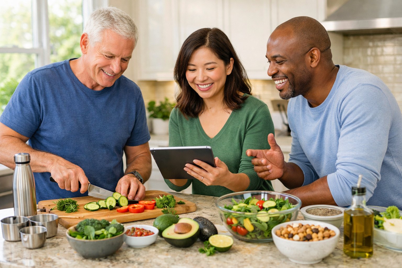 Three adults preparing a healthy meal together in a bright kitchen, surrounded by fresh vegetables and cooking utensils.