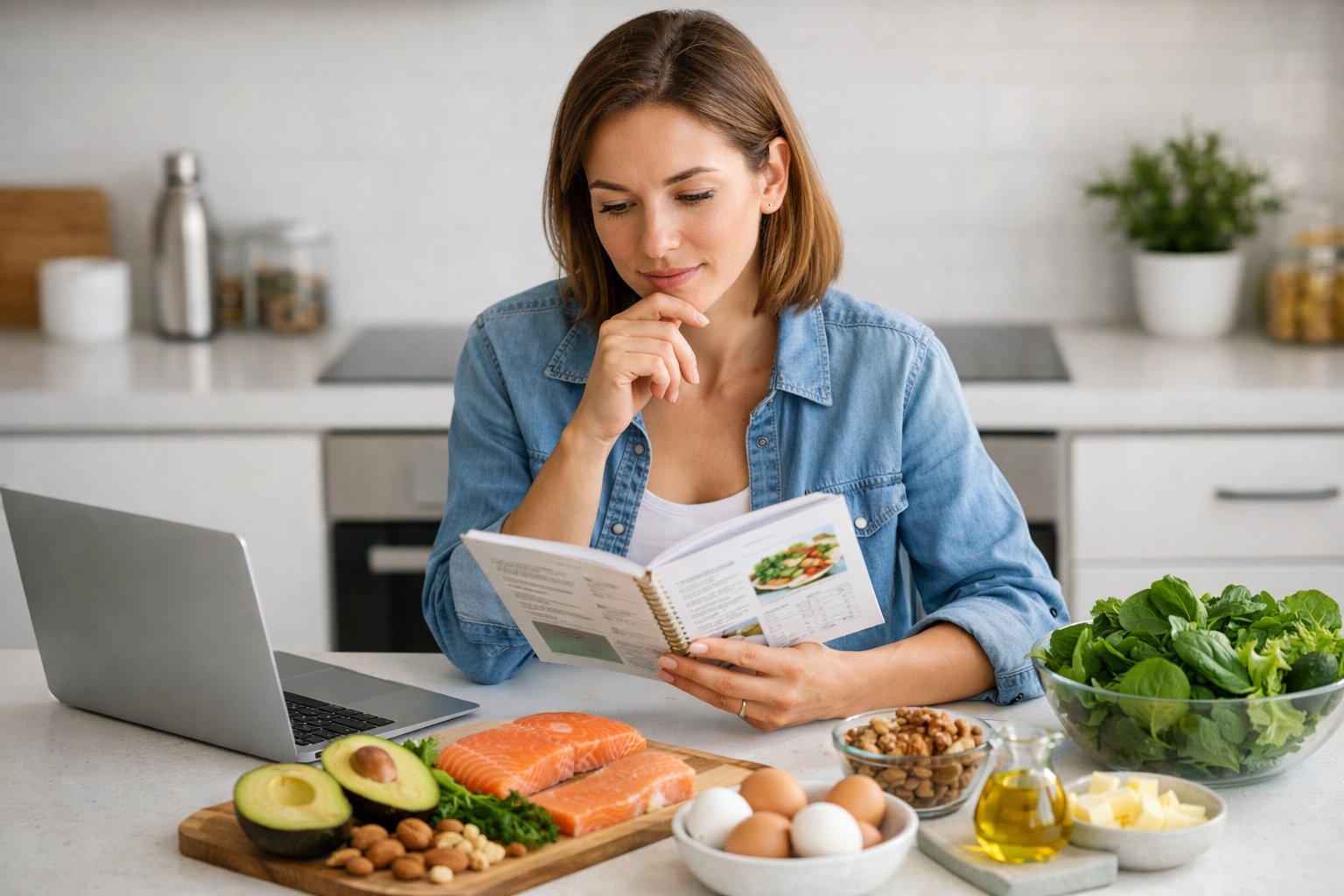 A young woman sitting at a kitchen table with a laptop and fresh keto-friendly foods, thoughtfully planning her meals.
