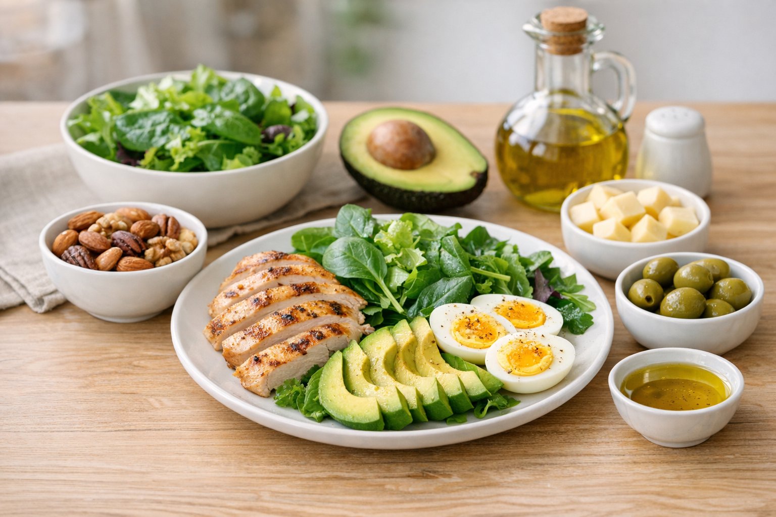 Realistic image of a beginner-friendly keto meal setup on a kitchen table, calm lighting, natural food presentation, no text overlays.