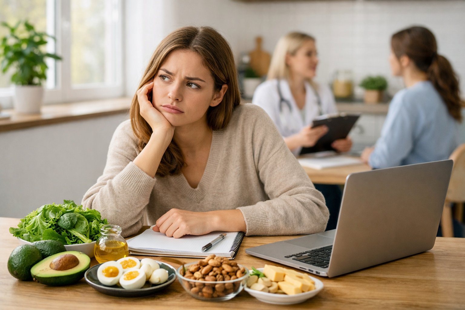 A woman sitting at a kitchen table with keto foods and a laptop, looking thoughtful and frustrated, while a nutritionist consults with another person in the background.