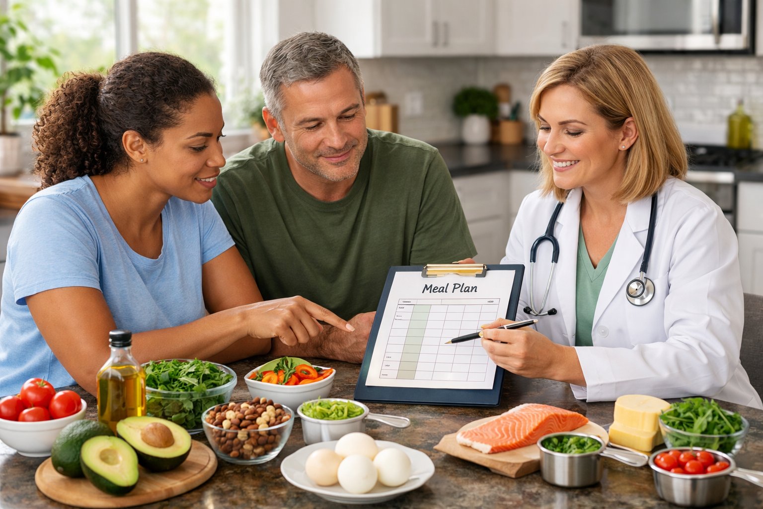 People preparing personalized keto meals together in a bright kitchen with fresh ingredients and a nutritionist advising.
