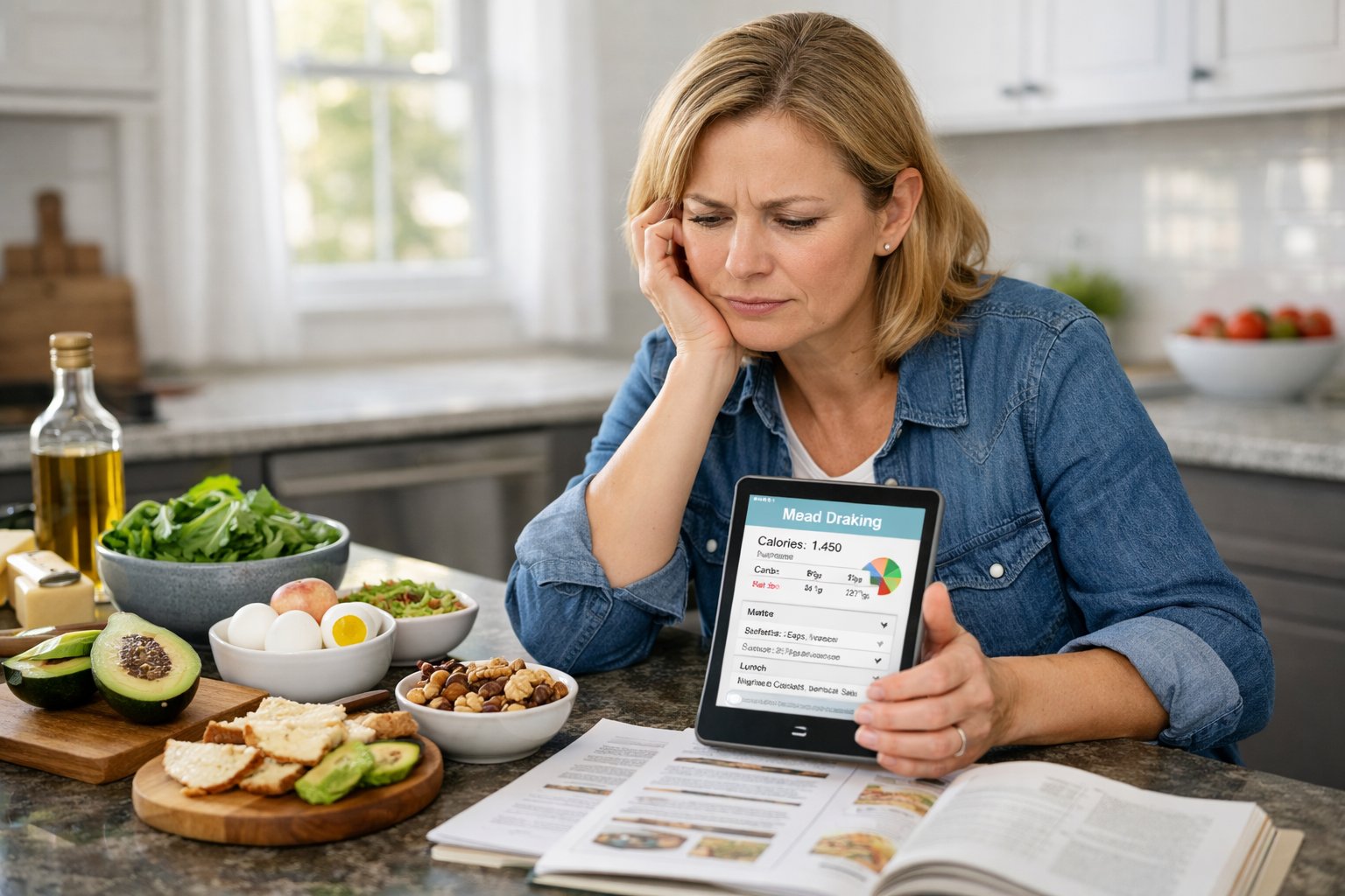 A person sitting at a kitchen counter with keto-friendly foods, looking thoughtful and holding a smartphone, wondering why keto is not working for me.