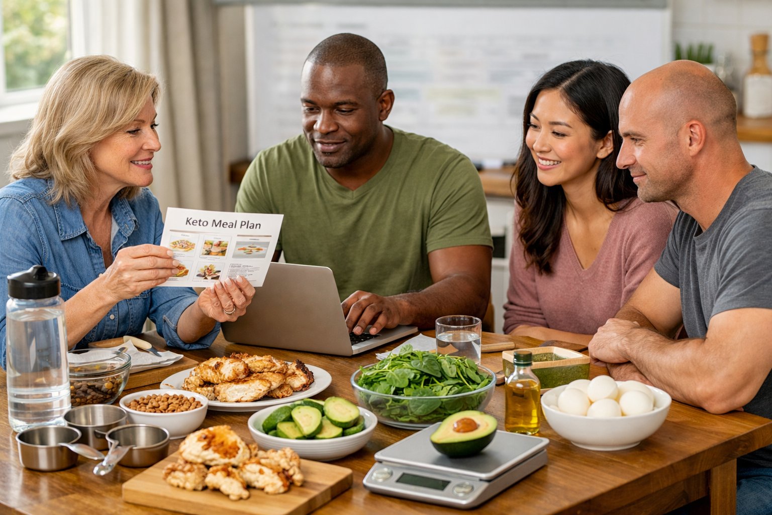 A group of adults in a kitchen preparing keto-friendly foods and reviewing a meal plan together.