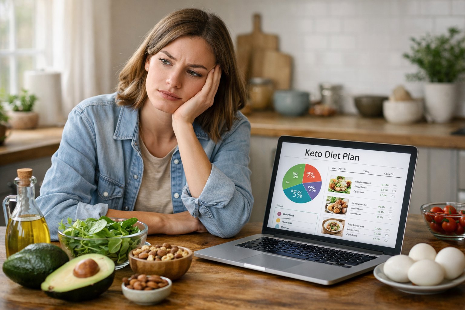 A young adult sitting at a kitchen table with healthy foods and a laptop, looking thoughtful and contemplative.
