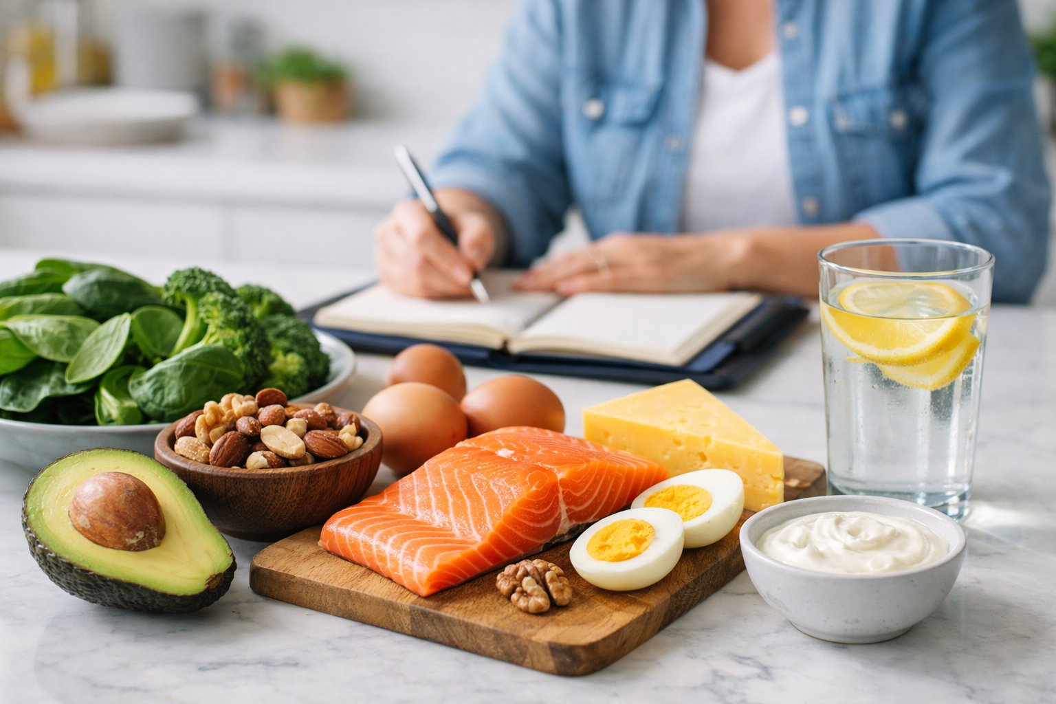 A kitchen countertop with fresh keto-friendly foods and a person reviewing a meal plan on a tablet.