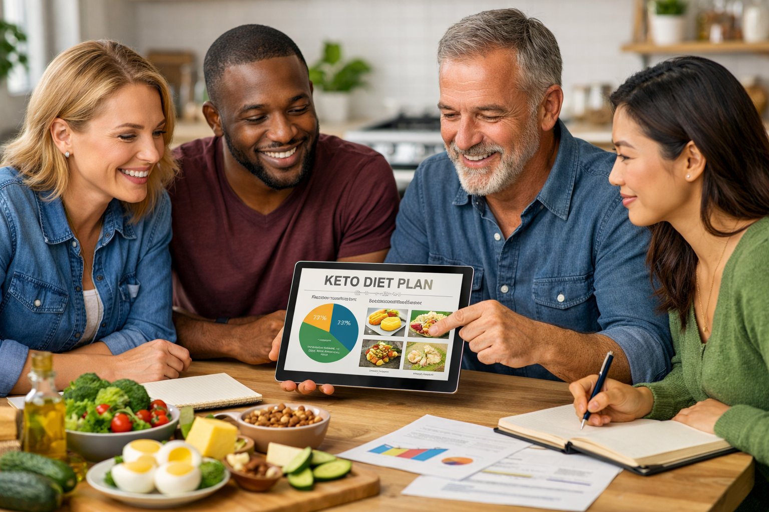 A group of people discussing personalized keto diet plans around a table with fresh vegetables and digital devices.