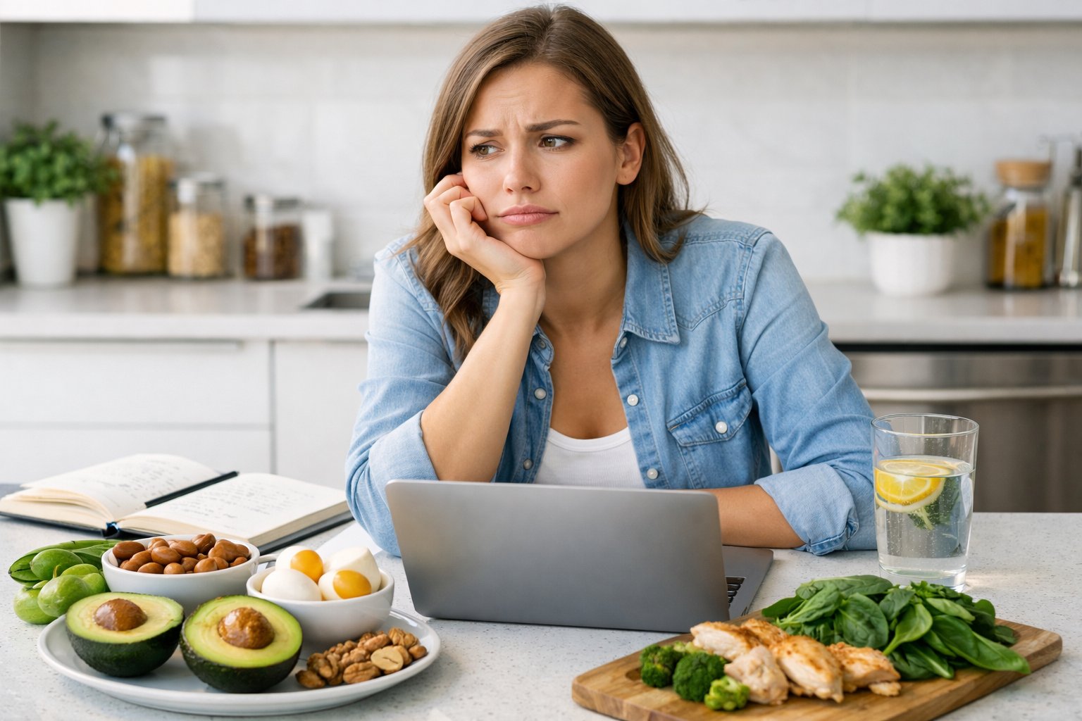 A young woman sitting at a kitchen counter with a laptop and keto-friendly foods, looking thoughtful and contemplative.