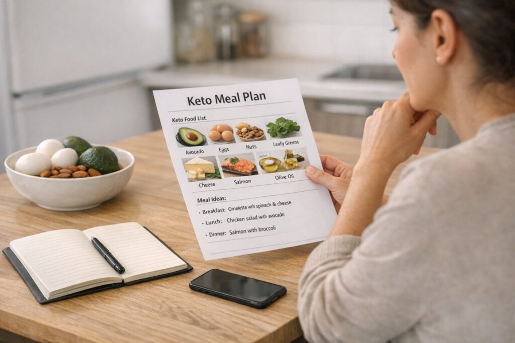 Realistic lifestyle image of a person reviewing keto meal notes and food choices at a kitchen table, neutral lighting, calm and analytical mood.
