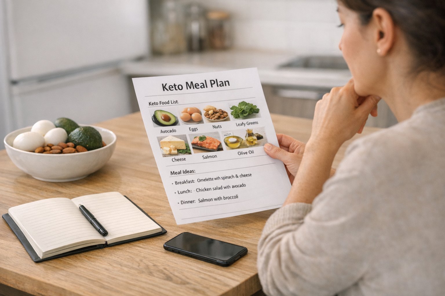 Realistic lifestyle image of a person reviewing keto meal notes and food choices at a kitchen table, neutral lighting, calm and analytical mood.