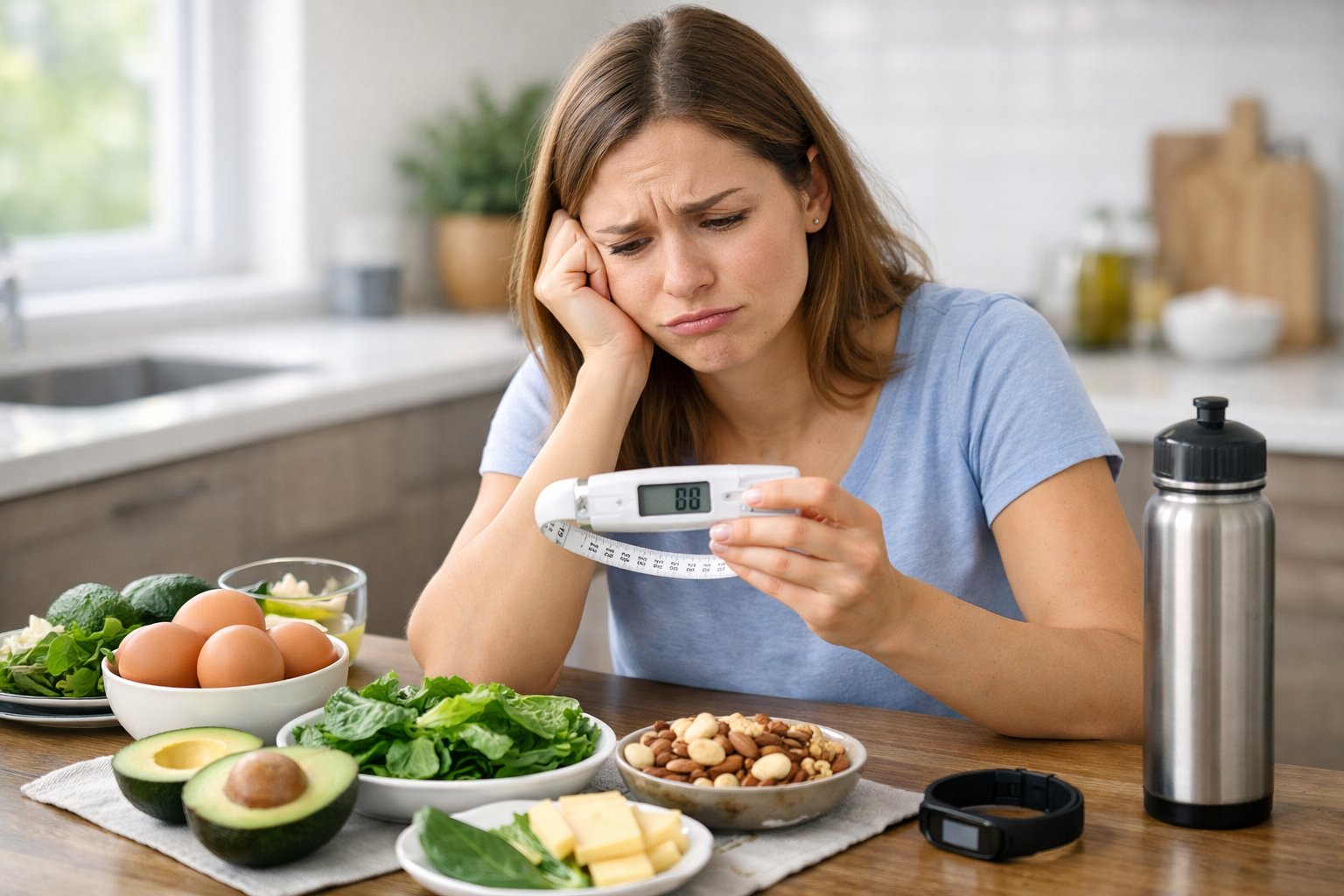 A young woman sitting at a kitchen table with keto foods, looking frustrated while checking a scale or measuring tape , why doing keto but not losing weight.