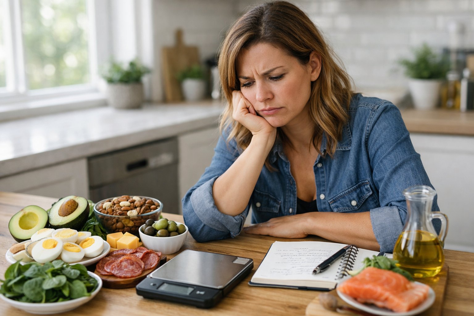 A woman sitting at a kitchen table with keto foods, looking thoughtful and concerned while checking a scale and notes.