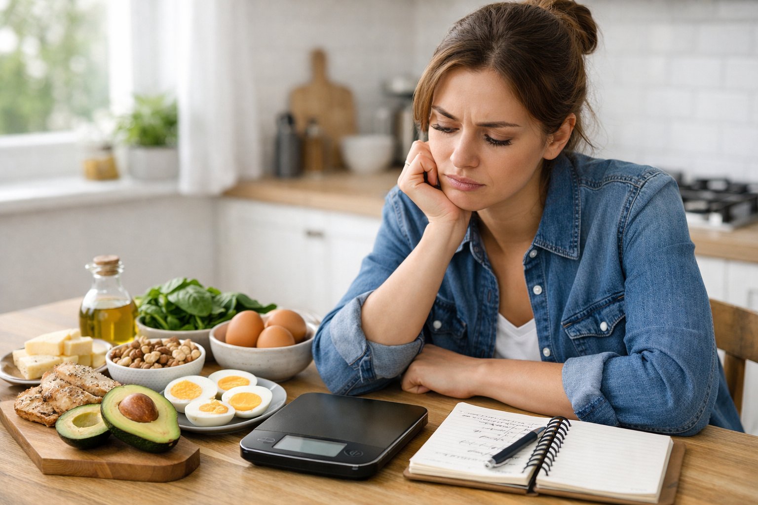 A young woman sitting at a kitchen table with keto foods, looking thoughtful and frustrated while checking a digital scale and meal notes.