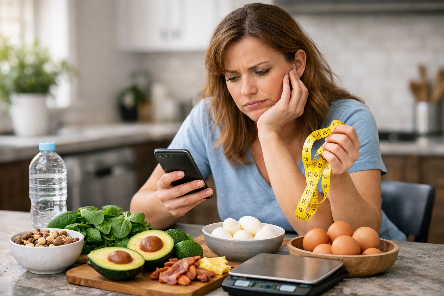 A woman in a kitchen looks thoughtfully at keto foods while holding a smartphone and measuring tape, appearing frustrated about her weight loss progress.