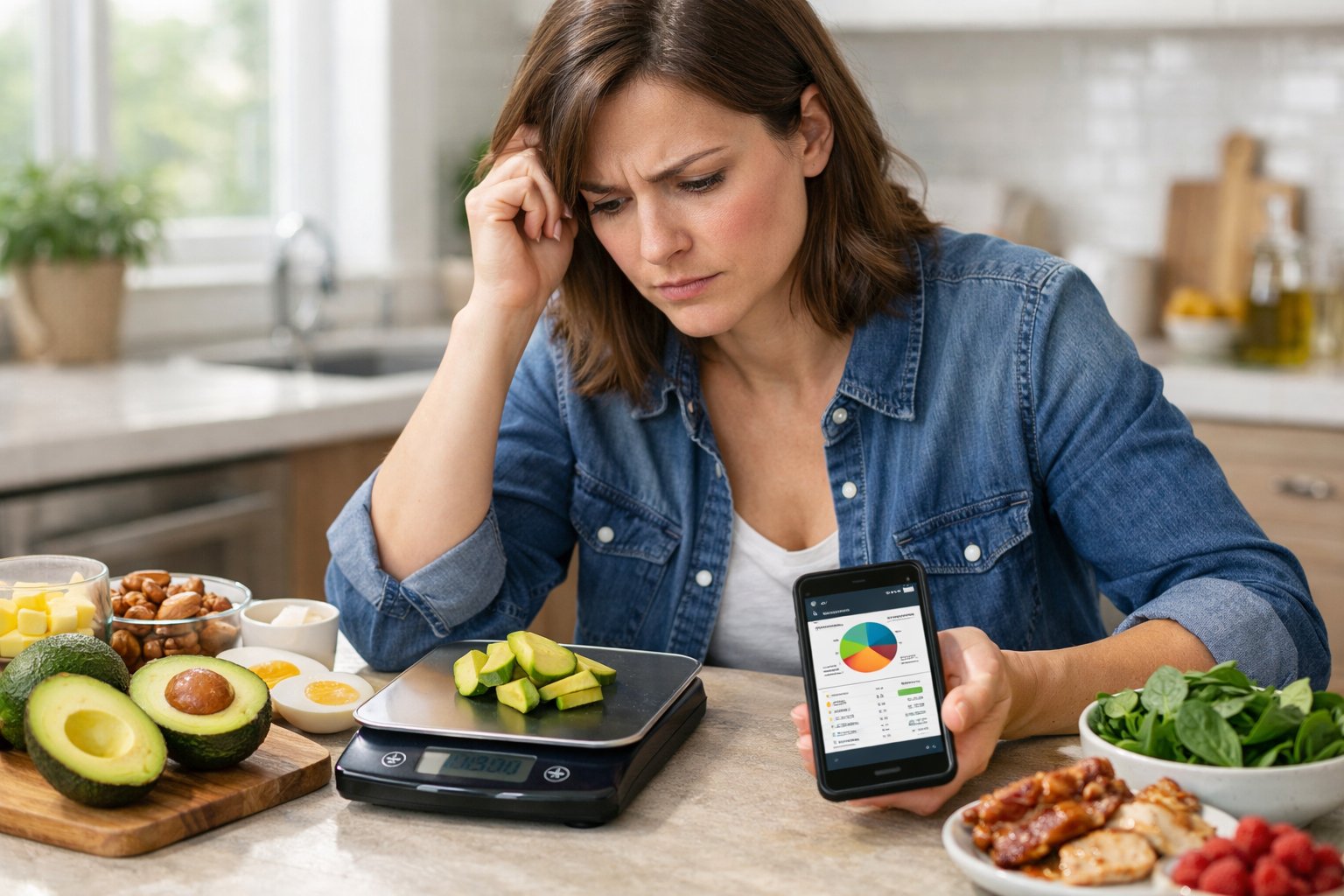 A person sitting at a kitchen table with keto foods, looking thoughtfully at a digital scale and smartphone.