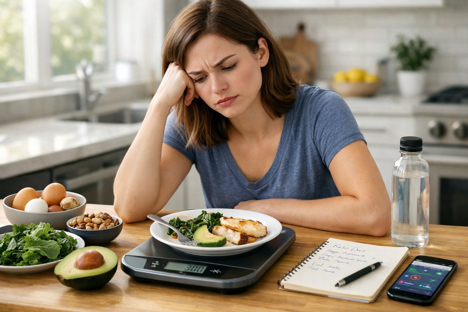 A young adult sitting at a kitchen table with keto foods, looking thoughtfully at a digital scale and a partially eaten meal.