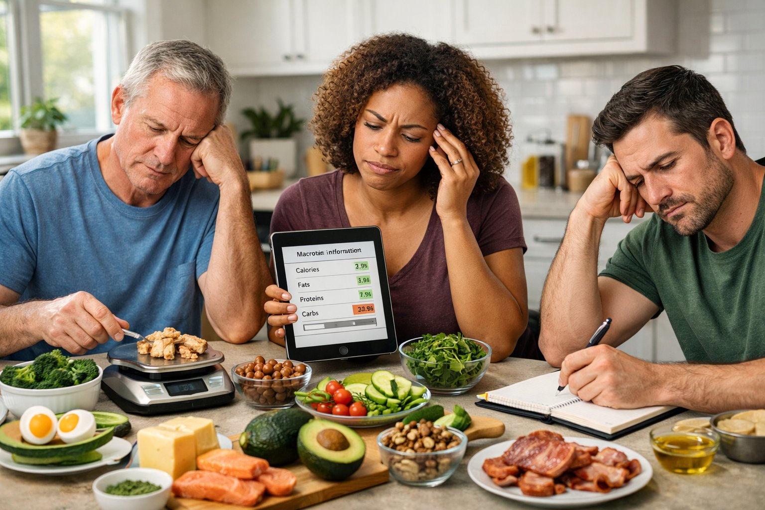 A group of adults in a kitchen preparing keto meals with thoughtful expressions, surrounded by fresh vegetables, nuts, and cooked meats.