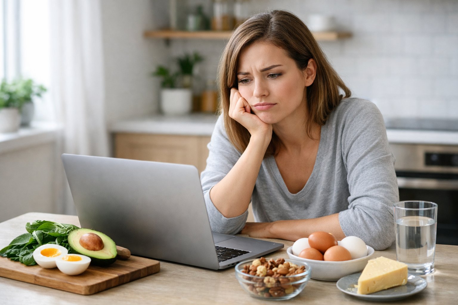 A young woman sitting at a kitchen table looking thoughtfully at a laptop surrounded by keto diet foods.