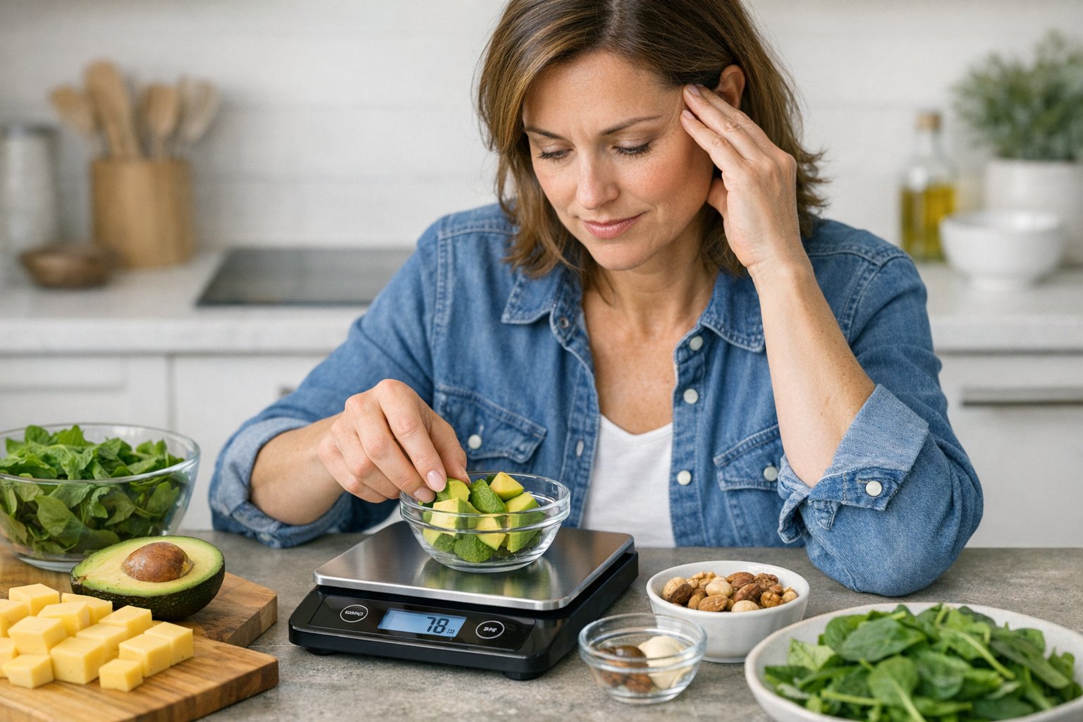 Realistic photo of an adult measuring keto food portions in a home kitchen, neutral lighting, health-focused, frustration-to-clarity tone, professional photography style, SEO-friendly, keto execution theme
