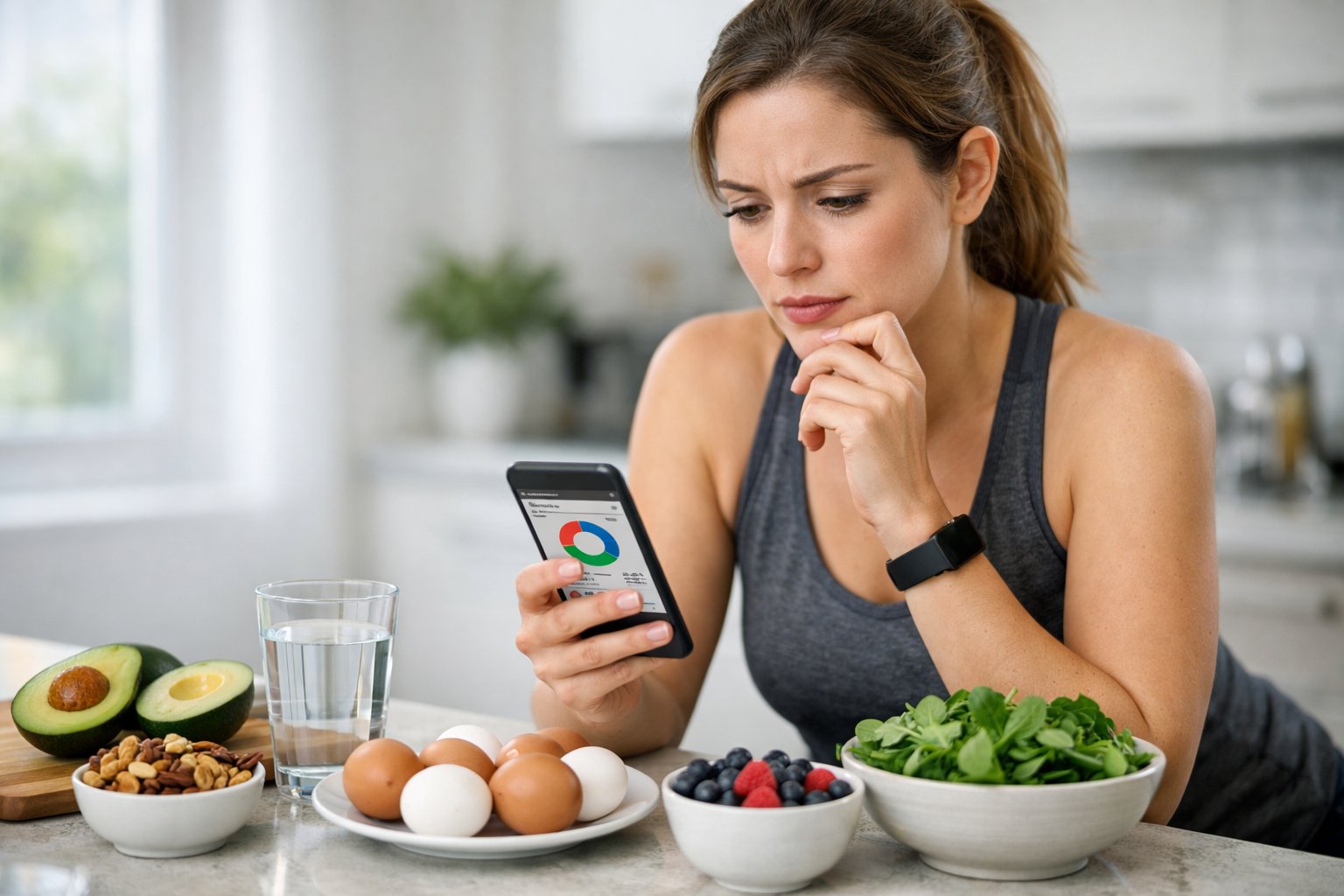 A young woman in a kitchen looking at her smartphone with keto-friendly foods like avocados and eggs on the counter.