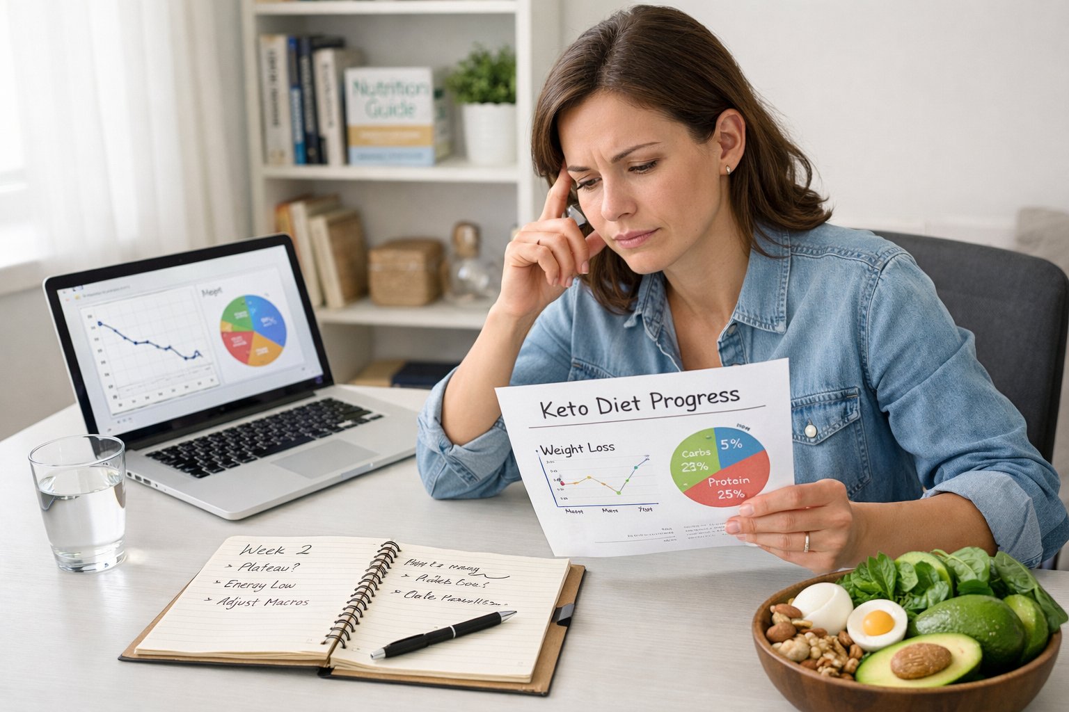 Person reviewing diet notes and charts at a desk with keto-friendly foods nearby in a bright home office.