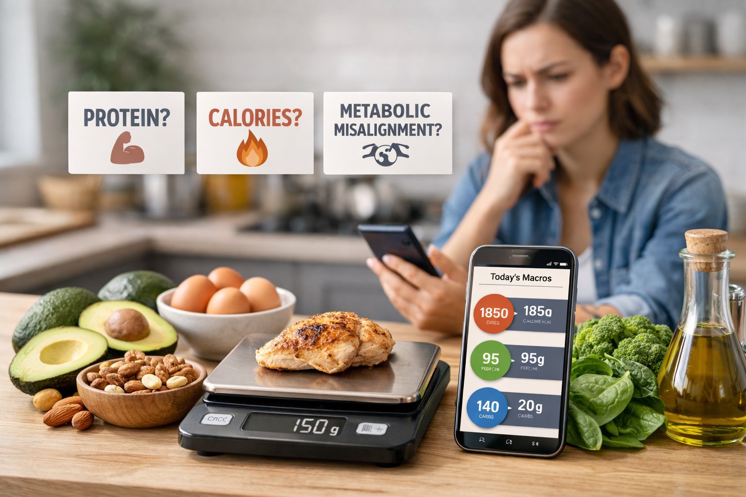 A person looking at a nutrition app on a smartphone next to keto-friendly foods and a food scale on a kitchen counter.