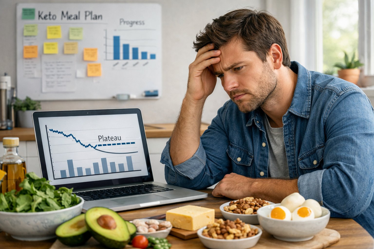 A young adult sitting at a kitchen table with keto foods, looking frustrated while examining a laptop with charts.