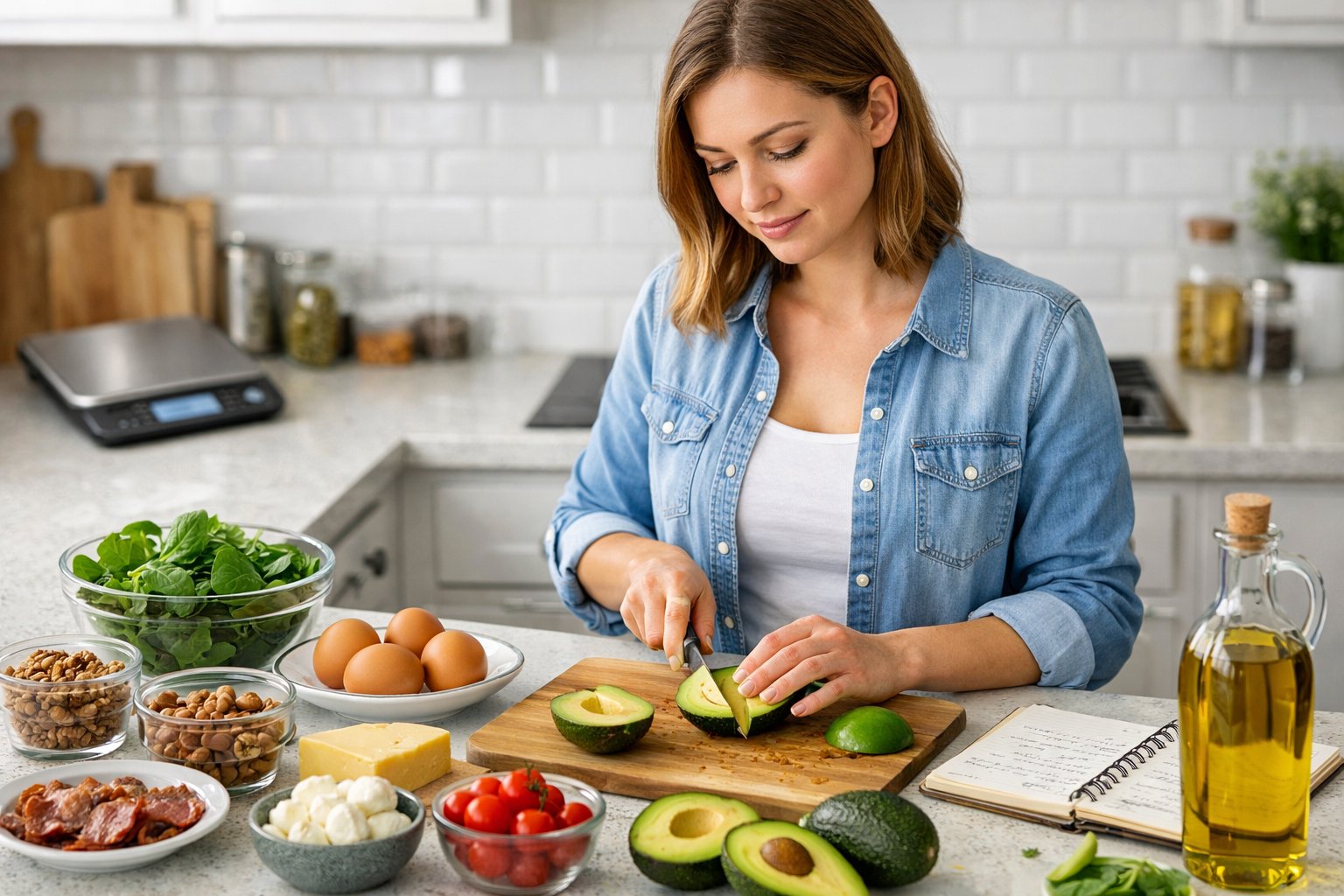 A young woman preparing a keto-friendly meal in a bright kitchen with fresh low-carb ingredients and a digital scale on the counter.