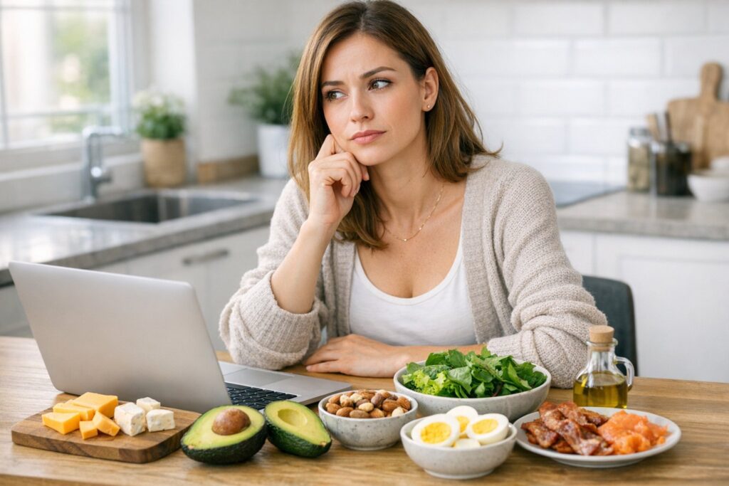 A young woman sitting at a kitchen table with keto foods and a laptop, looking thoughtful and concerned why keto stopped working after two weeks.
