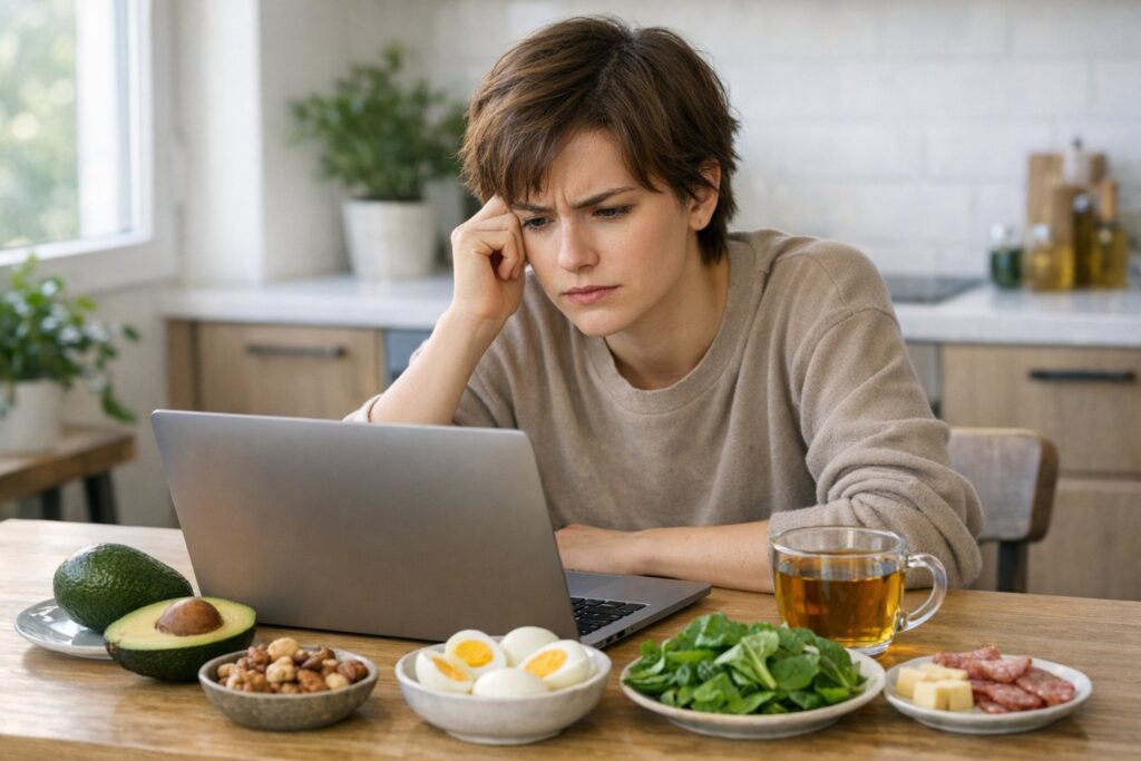 A young adult sitting at a kitchen table with keto foods, looking frustrated and thoughtful while using a laptop.