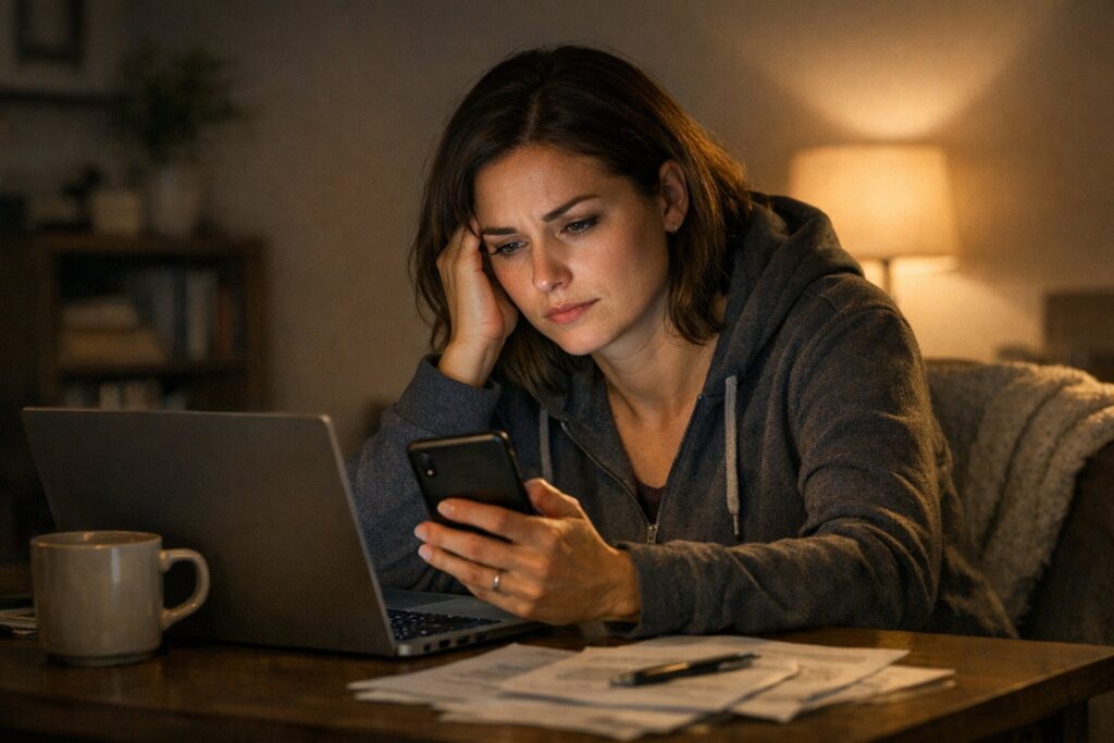 Person awake late at night with laptop and phone, dim light, subtle stress representation, realistic environment