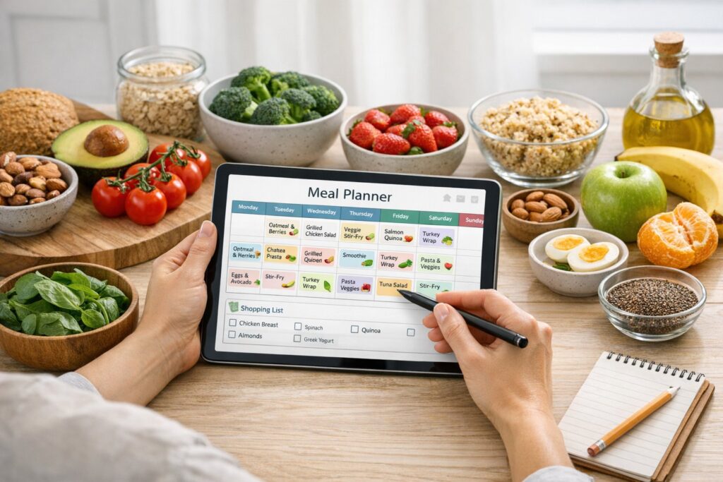 Conceptual image of meal planning on a tablet with whole foods on a table, calm, organized, realistic photography