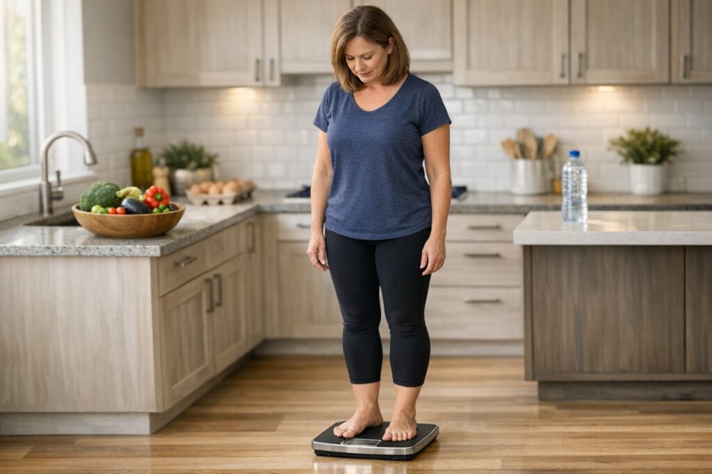 Realistic photo of an adult looking at a bathroom scale with neutral expression, kitchen in background, soft natural light, health-focused, educational tone, keto lifestyle theme, professional photography