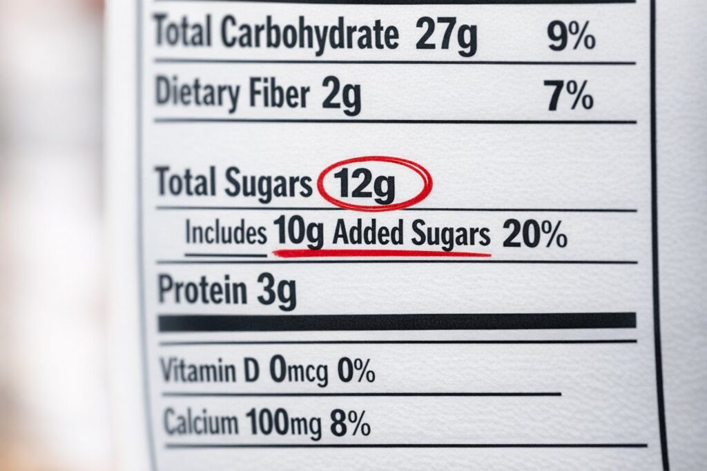 Close-up of nutrition label highlighting hidden sugars