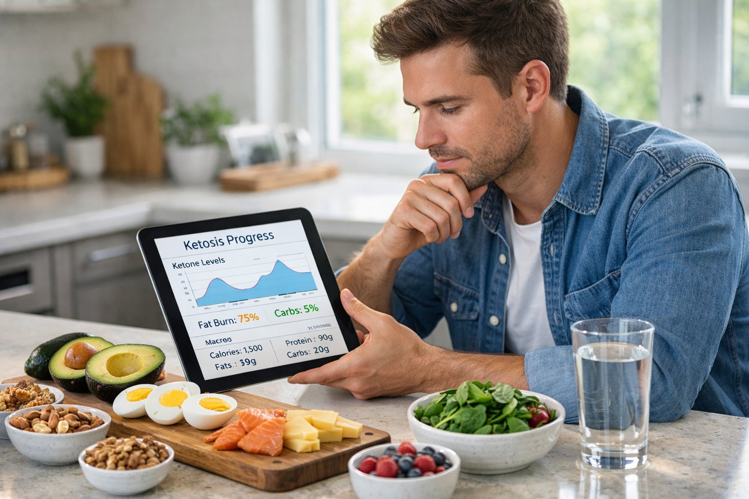 A young adult sitting at a kitchen counter with ketogenic foods, looking at a digital tablet thoughtfully.