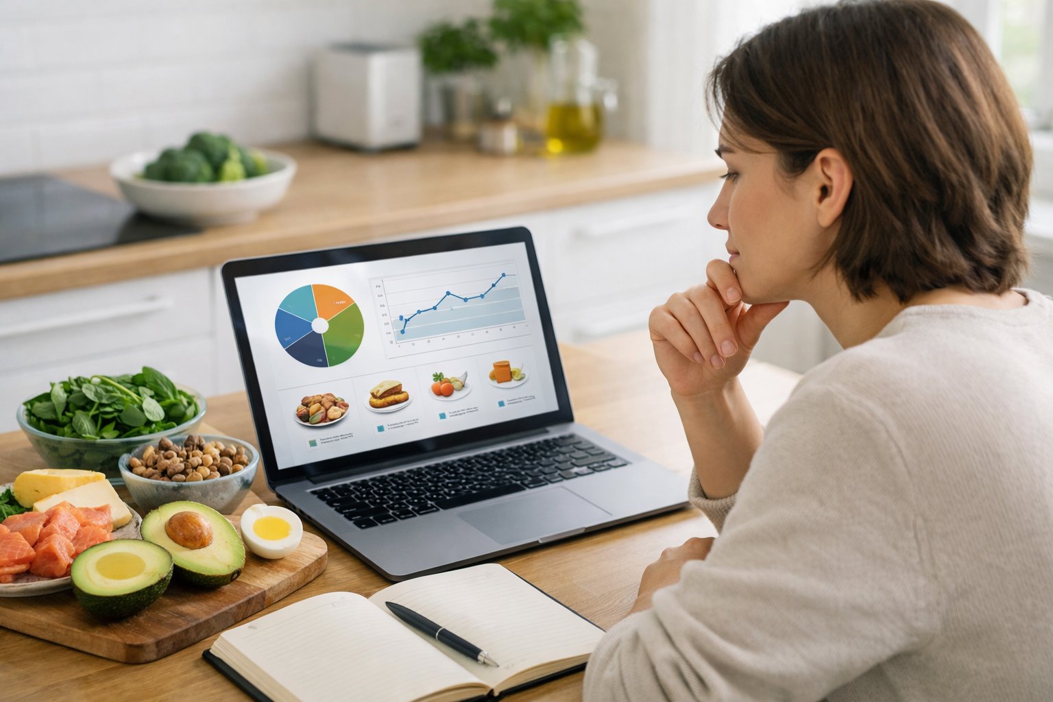 A young adult sitting at a kitchen table looking thoughtfully at a laptop with healthy ketogenic foods on the counter nearby.