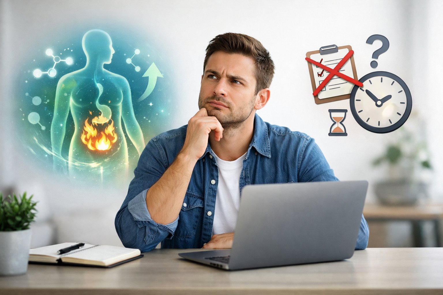 A young adult sitting thoughtfully at a desk with a laptop, surrounded by symbols representing metabolism and common mistakes, illustrating confusion about achieving ketosis.