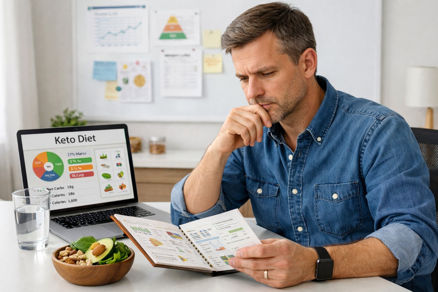 A person sitting at a desk reviewing a nutrition journal and laptop with healthy keto foods nearby in a bright home office.