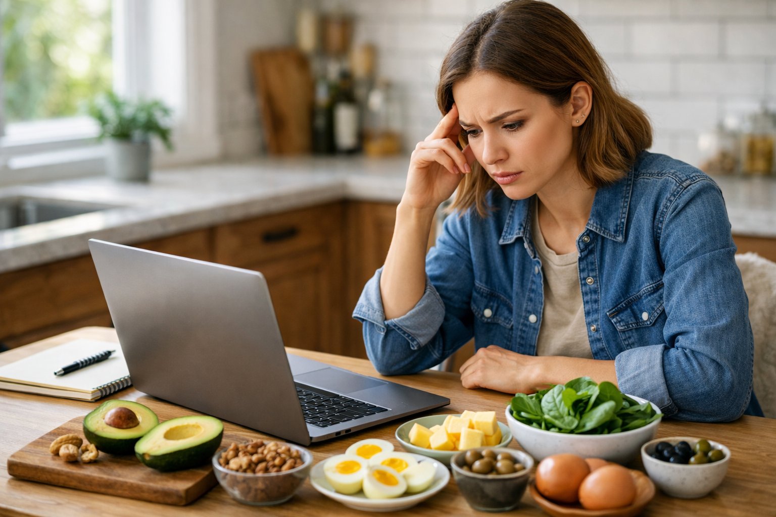 A young adult sitting at a kitchen table looking thoughtfully at a laptop with keto-friendly foods on the table.