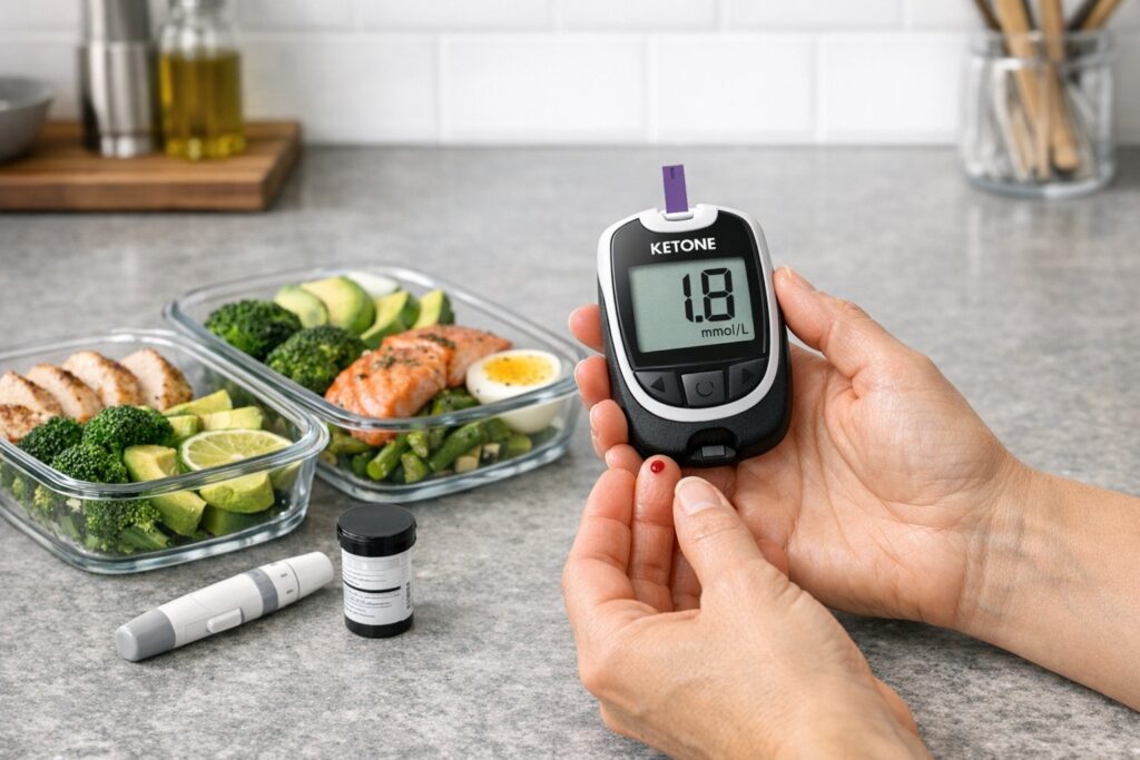 Person checking blood ketone meter at kitchen counter, keto meal prep containers nearby, neutral lighting, realistic, medical-informational tone