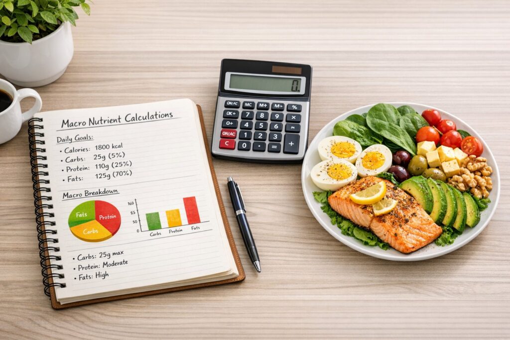 Notebook with macro calculations, calculator, and balanced keto plate, clean organized desk
