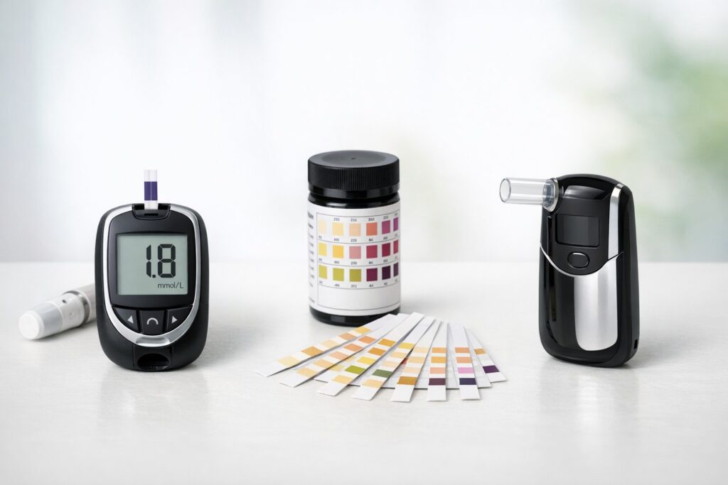 Comparison of blood ketone meter, urine strips, and breath analyzer on table