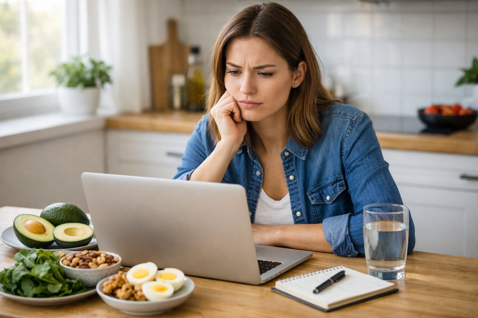 A young woman sitting at a kitchen table with a laptop and keto-friendly foods, looking thoughtful and concerned about First Week of Keto with No Results.