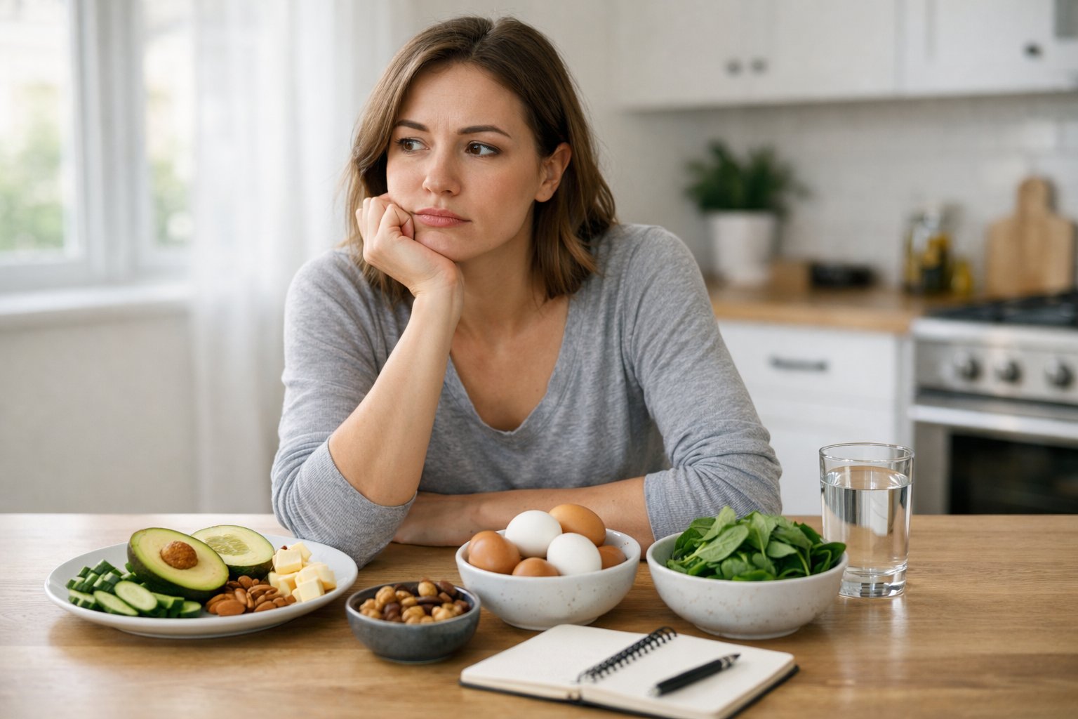 A young woman sitting at a kitchen table with keto foods, looking thoughtful and slightly frustrated.