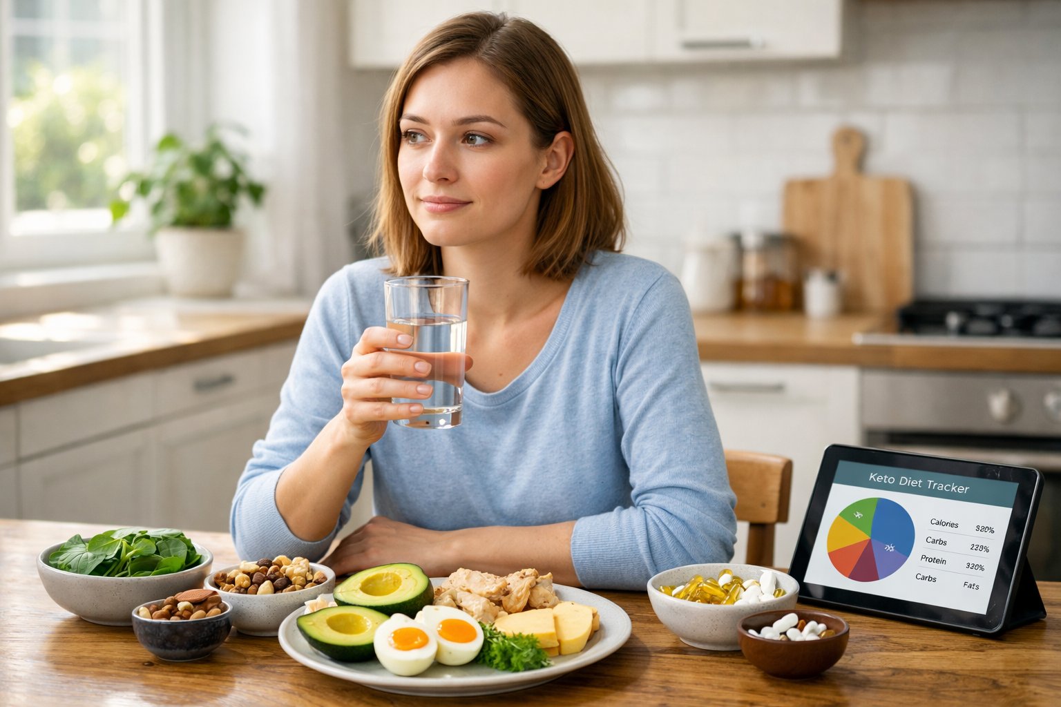 A young woman sitting at a kitchen table with keto foods, looking thoughtful and holding a glass of water.