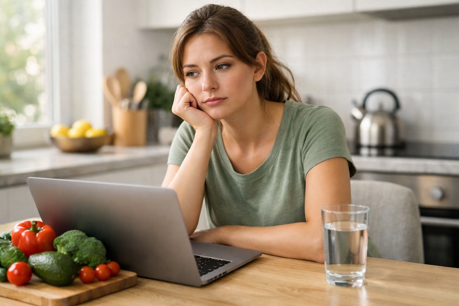 A young woman sitting at a kitchen table with a laptop, looking thoughtful and slightly concerned, with fresh vegetables and a glass of water nearby.