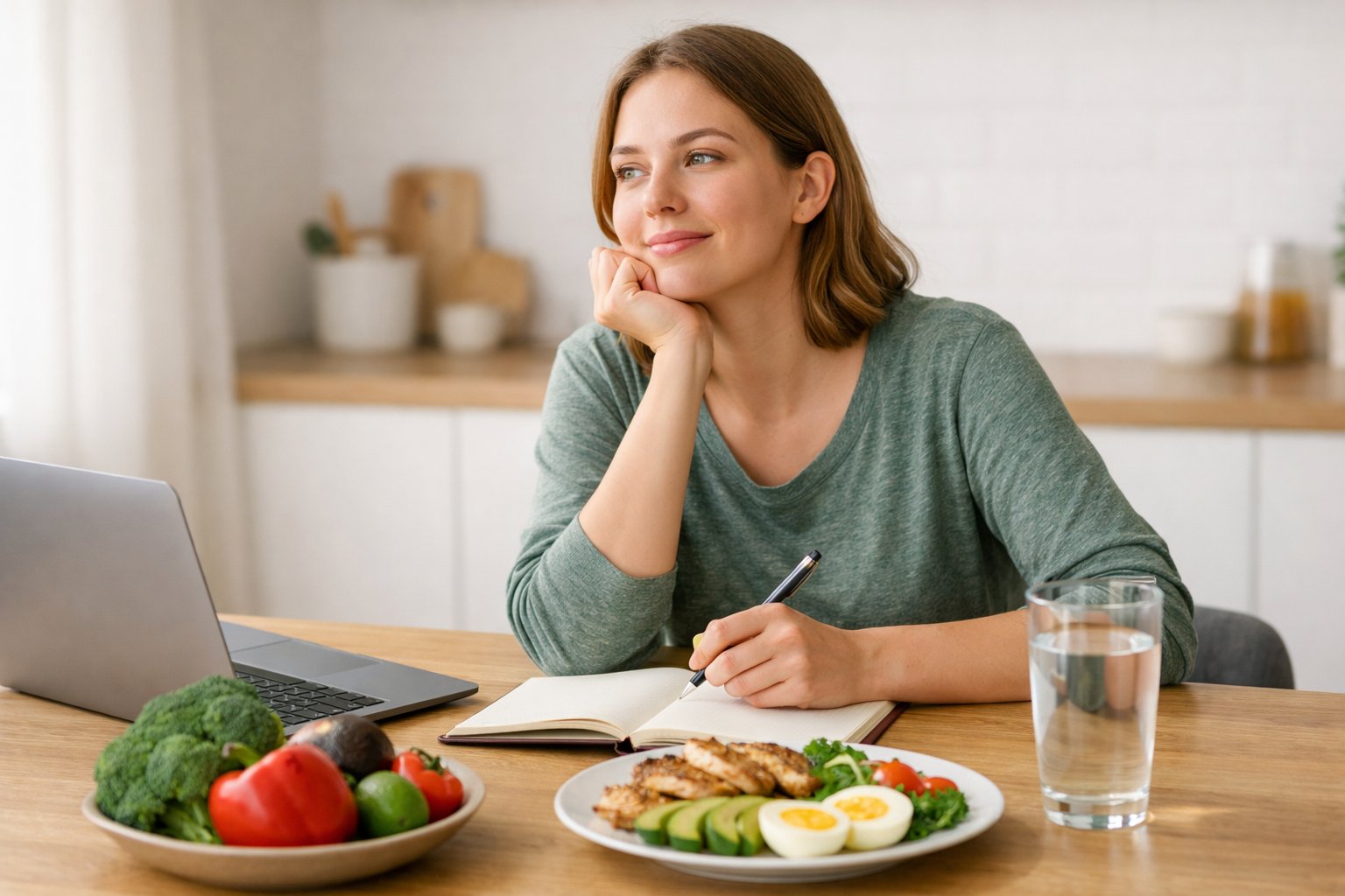 A young adult sitting at a kitchen table with a laptop, notebook, and keto-friendly meal, appearing thoughtful and calm.