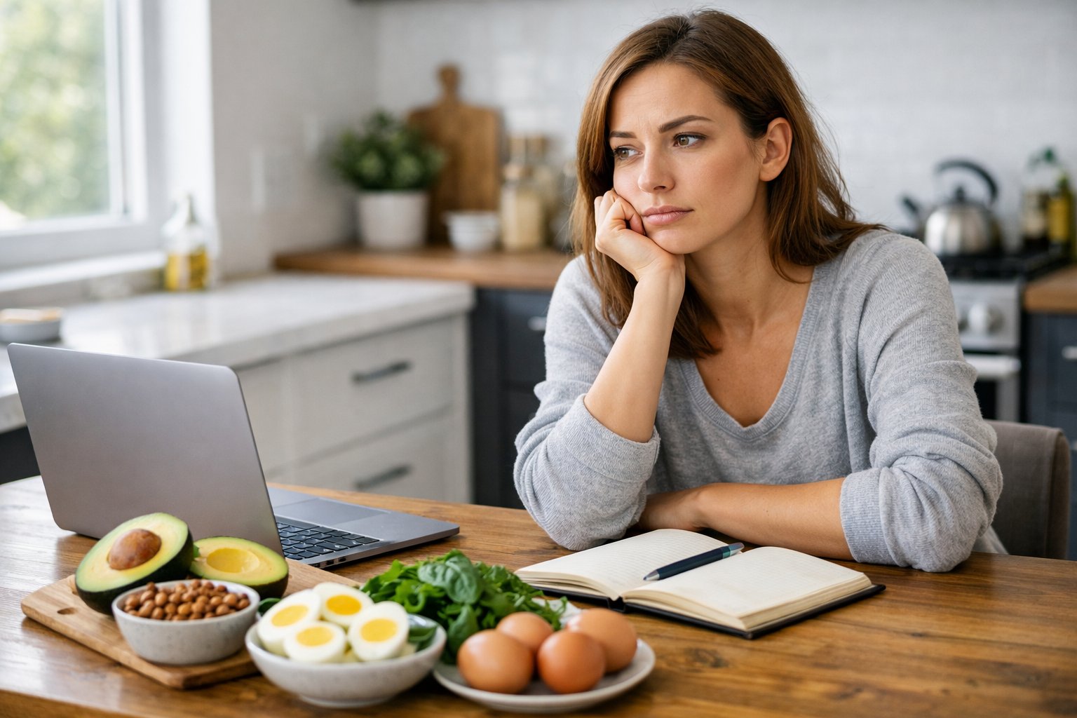 A young woman sitting at a kitchen table with keto foods, looking thoughtful and concerned while using a laptop.