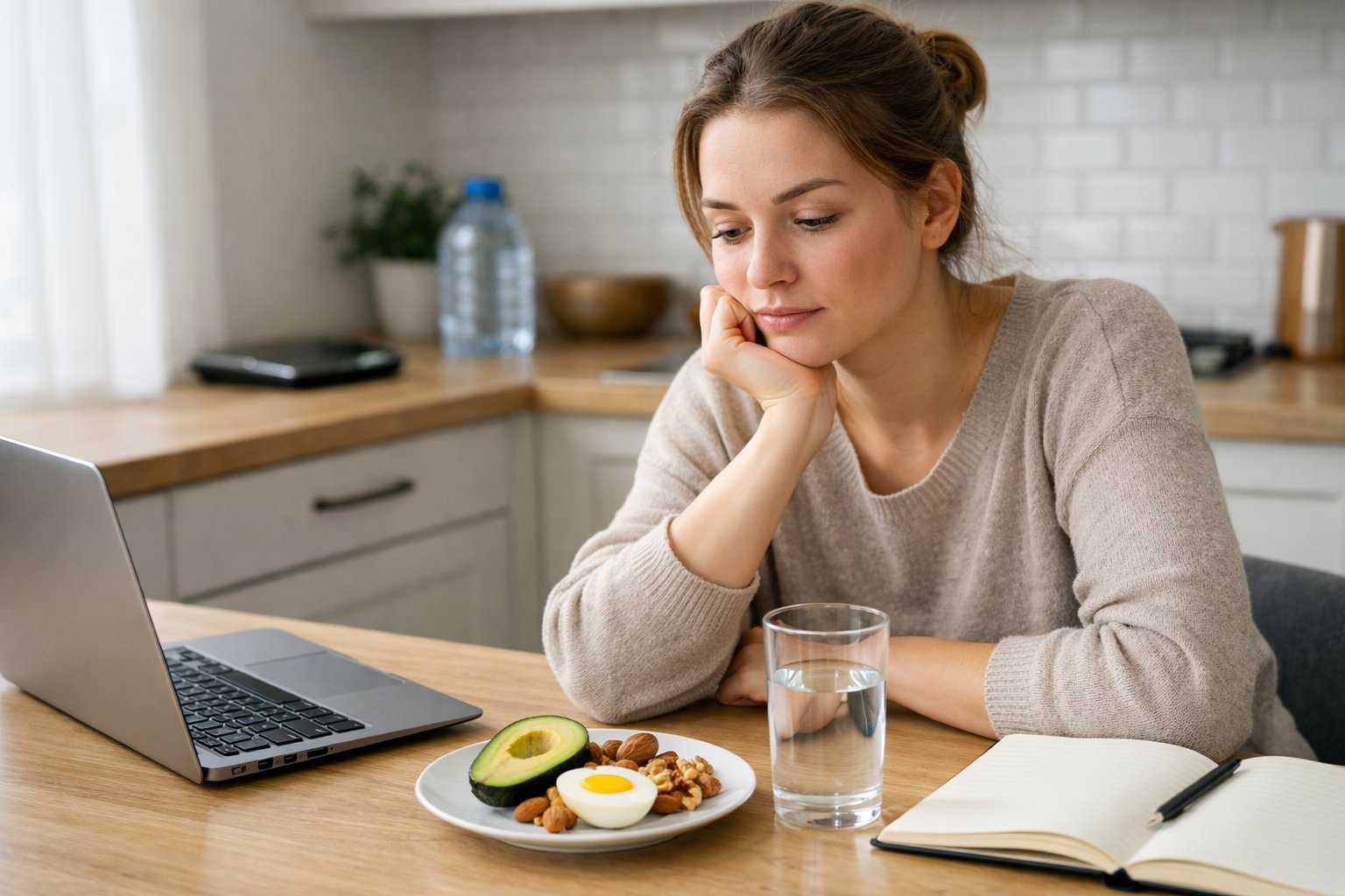 A young adult sitting at a kitchen table with a laptop, notebook, and keto-friendly foods, looking thoughtfully at a glass of water.
