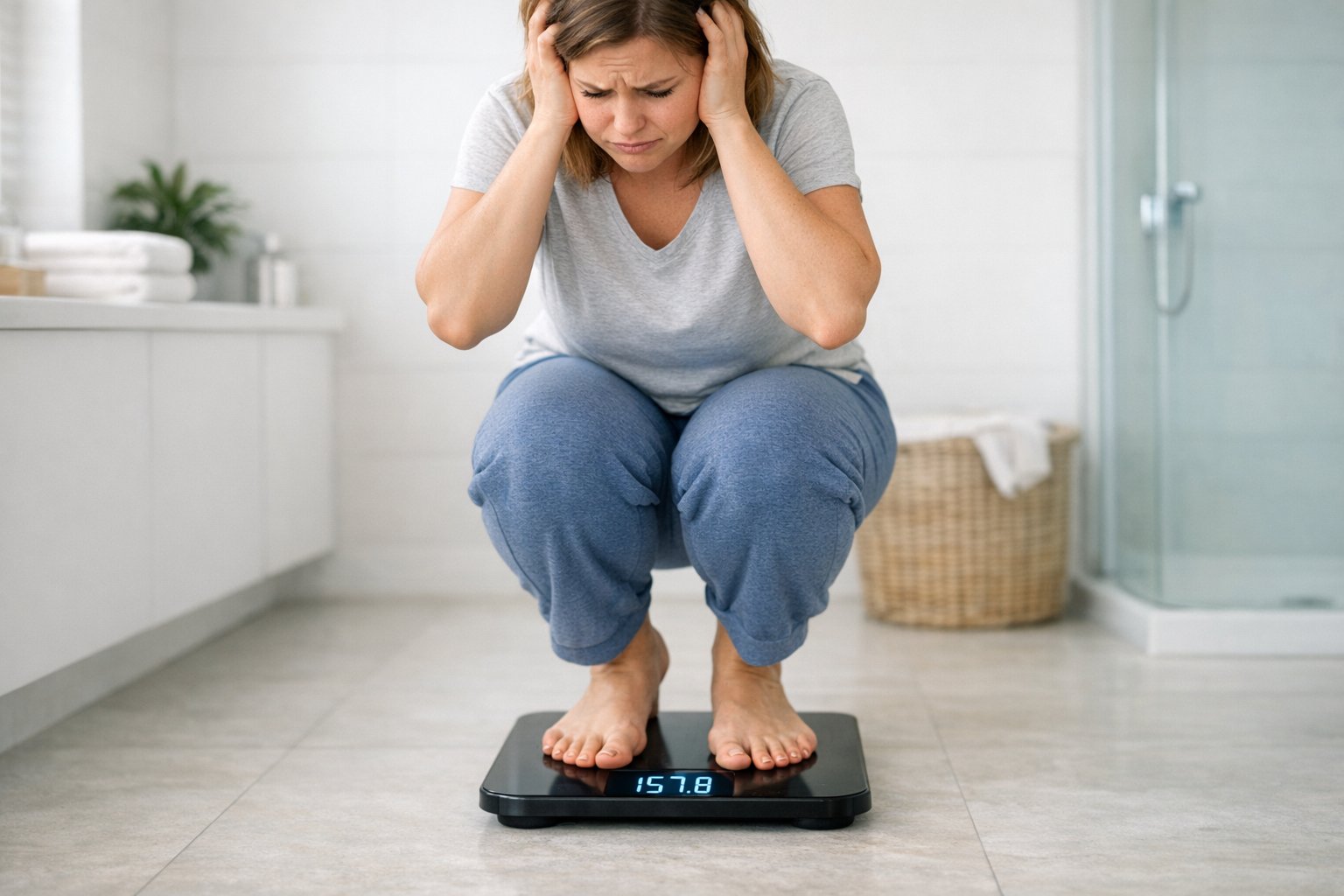 Person standing on scale looking confused why weight does not go down after done keto diet