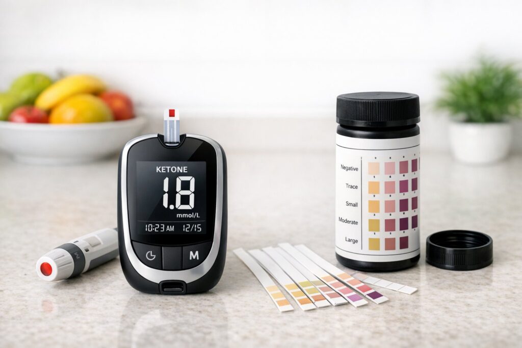 Blood ketone meter and urine strips comparison on kitchen counter